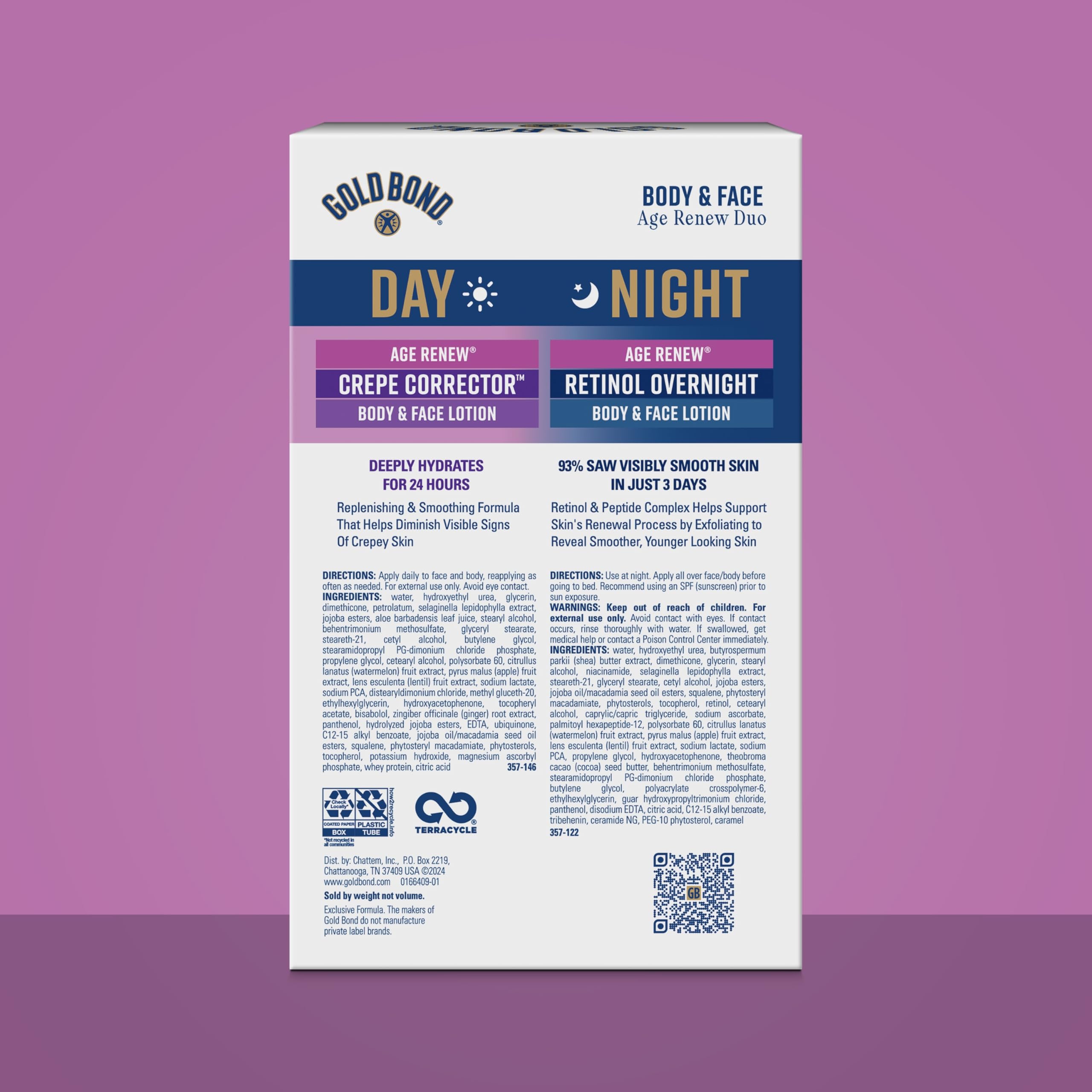 Gold Bond Age Renew Day & Night Duo Lotion Set for Body & Face, Gold Bond Crepe Corrector Lotion, Visibly Firms Skin & Gold Bond Retinol Overnight Lotion, Visibly Smooths Skin, 8.6 oz.