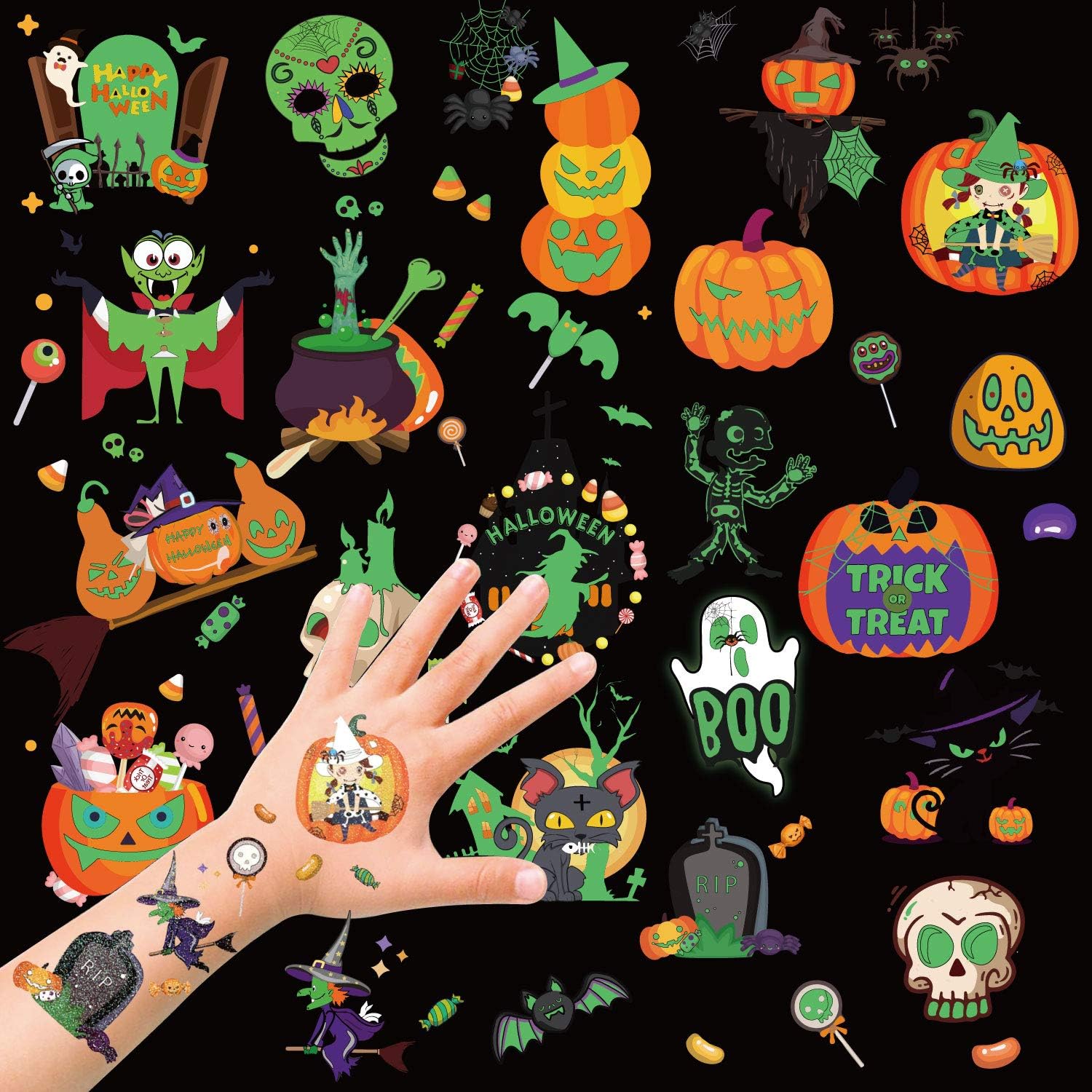 HOWAF Halloween Tattoos for Kids, Halloween Temporary Tattoo Glow in