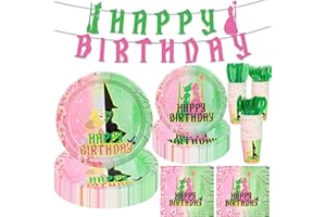 YMDOBIGER 169Pcs Witch Party Supplies - Pink and Green Plates and Napkins Tableware Set with Banner Cups Knives Forks Spoons for Girls Boys Birthday Witch Theme Party Decor, Serves 24