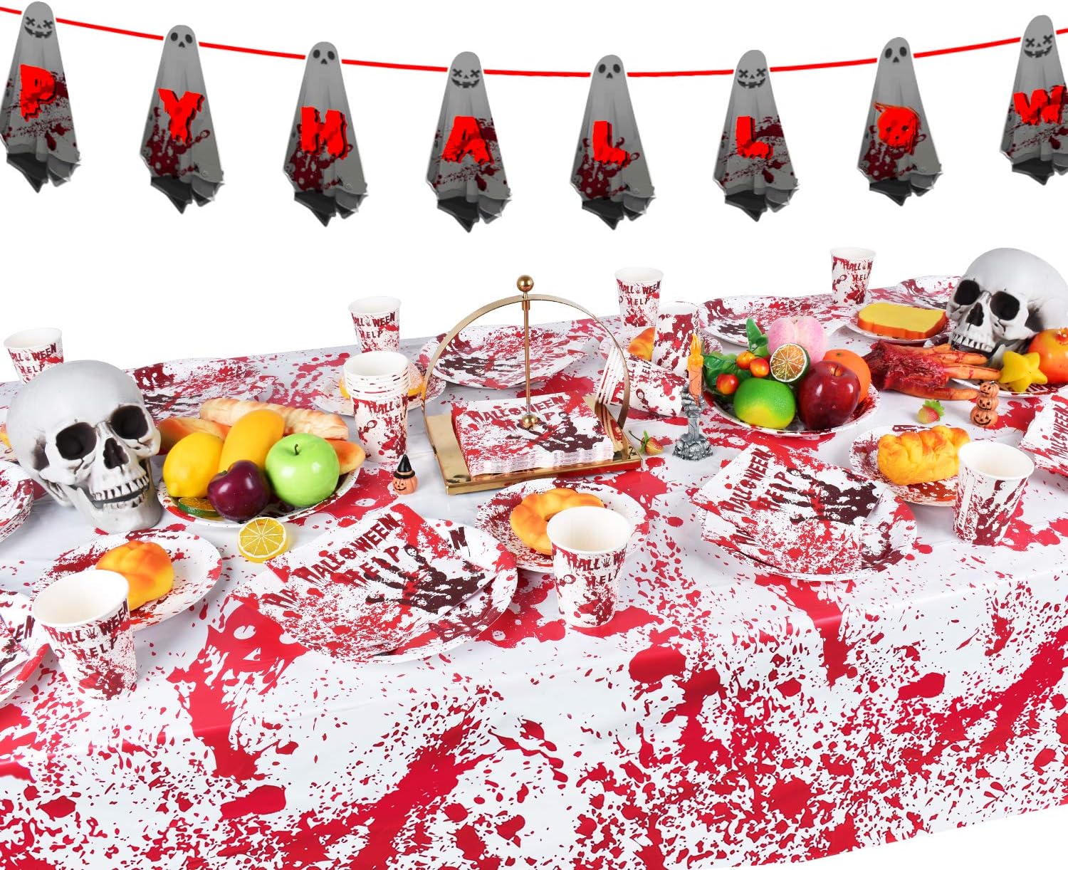 Bloody Handprint Halloween Paper Plates Set Serve 25 Spooky Party Decoration Disposable Plates Napkins Cups Rectangular Tablecloth and Happy Halloween Banner: Health & Personal Care