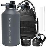 ONETIGRIS Tactical Half Gallon Water Bottle with Straw - 64 oz Vacuum Insulated Stainless Steel Water Jug, Leakproof Sport Bottle with 3 BPA Free Lids, Paracord Handle & MOLLE Water Pouch for Outdoor