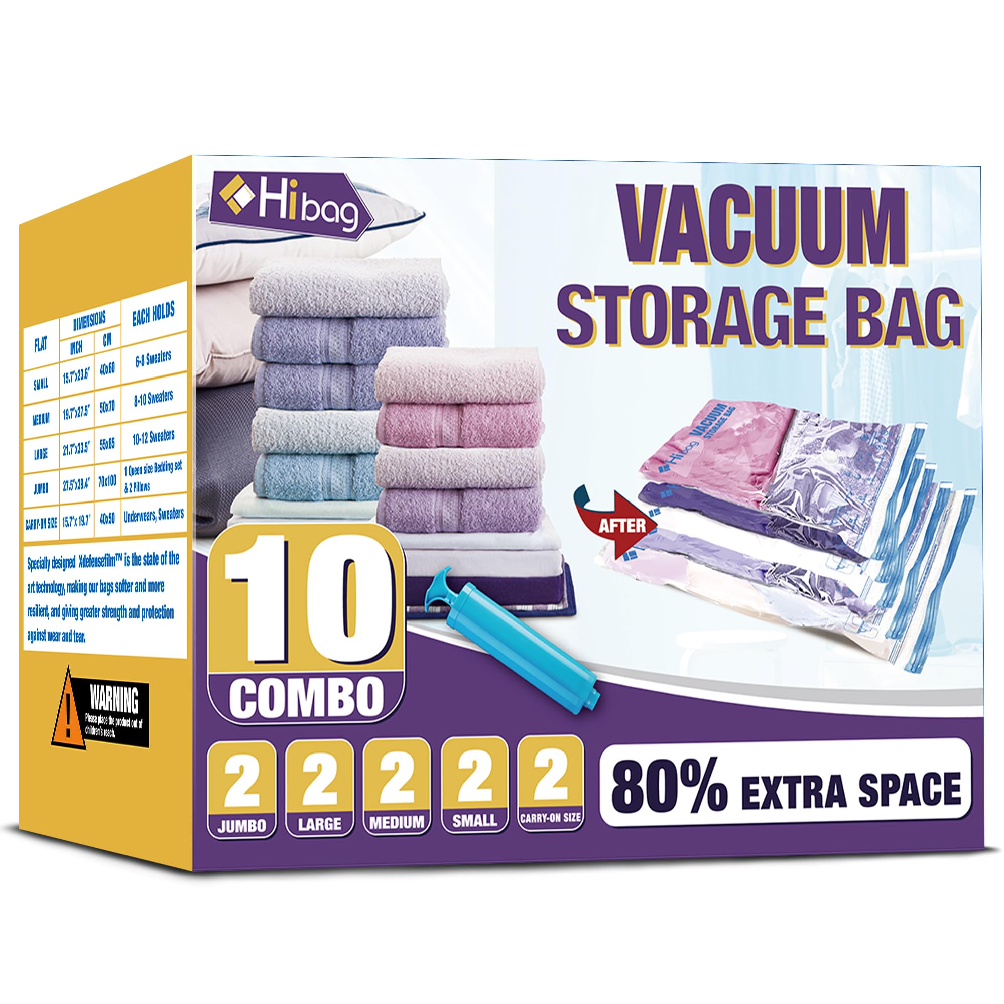 HIBAG Space Saver Bags Vacuum Storage Bags, 10Pack Vacuum Bags, Zipper, Polypropylene (2 Jumbo, 2 Large, 2 Medium, 2 Small, 2 Roll-Up) With Pump (10-Combo)