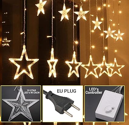 TIED RIBBONS Stars Shape Curtain String LED Lights (138 LED 10 Stars 8 Flashing Modes) - Decorative Star Led String Lights for Home Wall Lighting Decoration