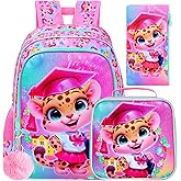 3PCS Leopard Bookbag for Girls, 16" Kids Backpack with Lunch Box, Water Resistant Elementary Prechool Toddler Shool Bag - Pink Dr. Leopard