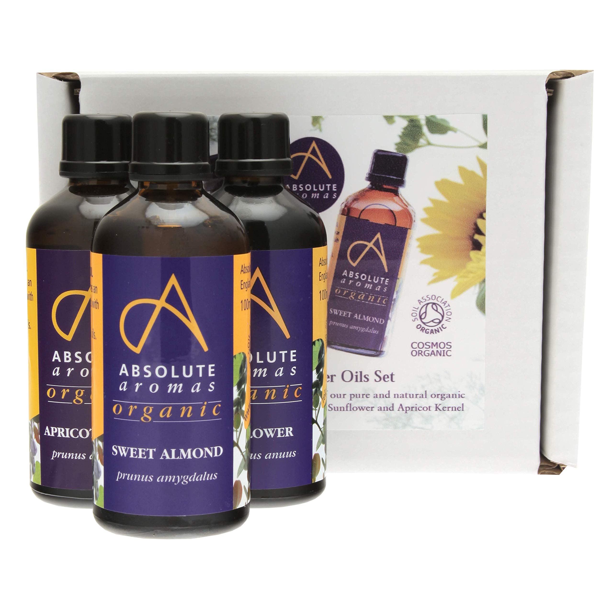 Absolute Aromas Organic Carrier Oils Set with Sweet Almond, Sunflower and Apricot Kernel 3 x 100ml in Glass Bottles