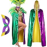 Syhood Mardi Gras Cape Full Length Costume Cloak with Face Mask Glitter Masquerade Mask Set for Mardi Gras Party Supply