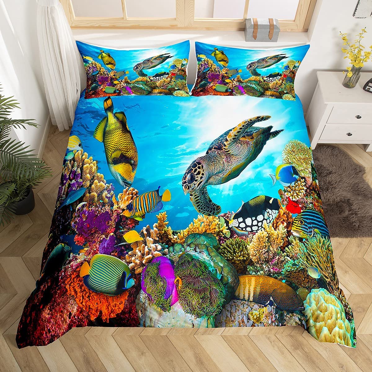 Loussiesd Turtle Duvet Cover Set Single Size for Kids 3D Coral Fish Bedding Set Marine Creatures Comforter Cover with 1Pillow Shams Zipper Ultra Soft Light Blue Microfiber Sea Life Bedspread Cover — image 1