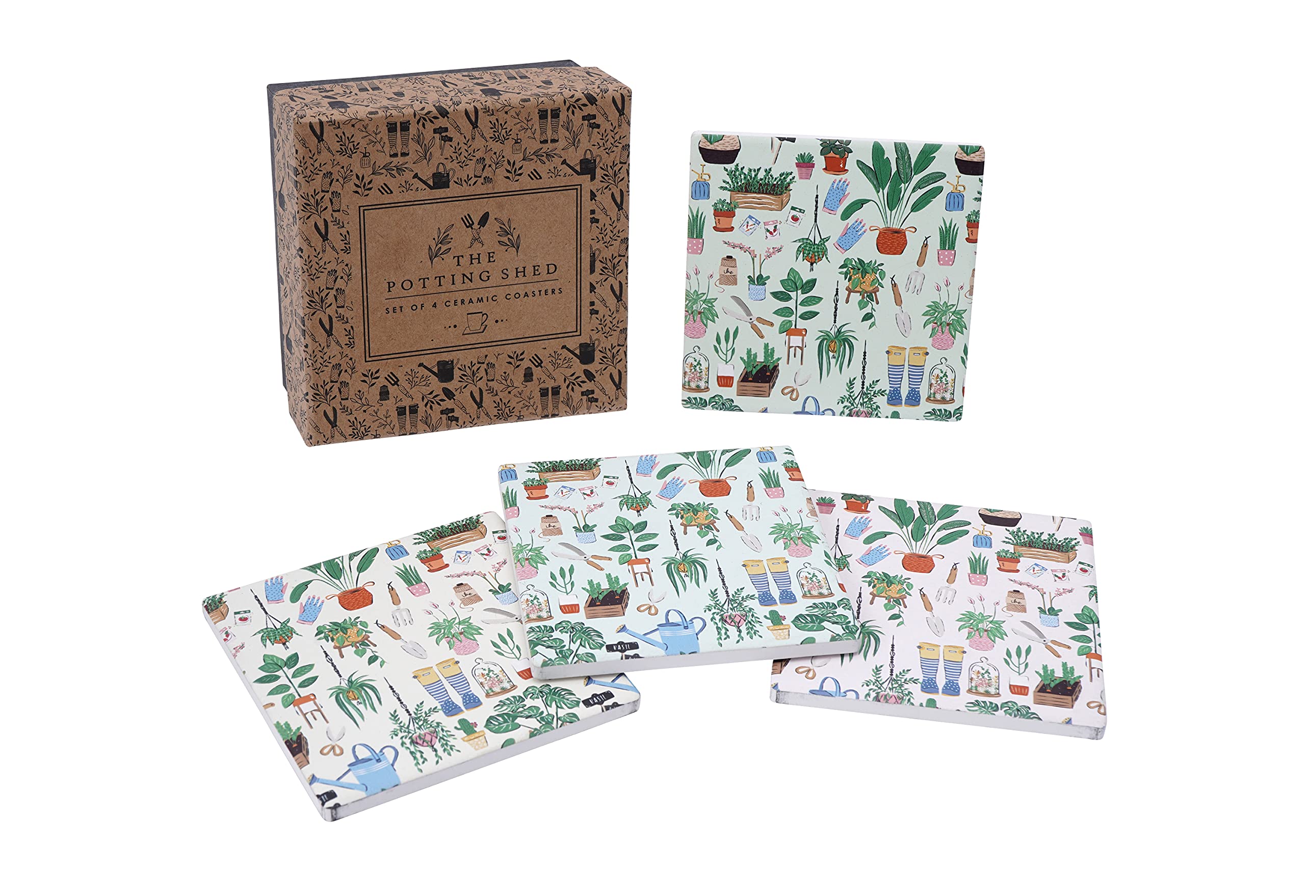 CGB Giftware | Set of 4 Gardening Design Coasters | White, Blue, Green & Pink | Home Accessory | Easy to Clean | Protective Base | The Potting Shed Range | GB05722