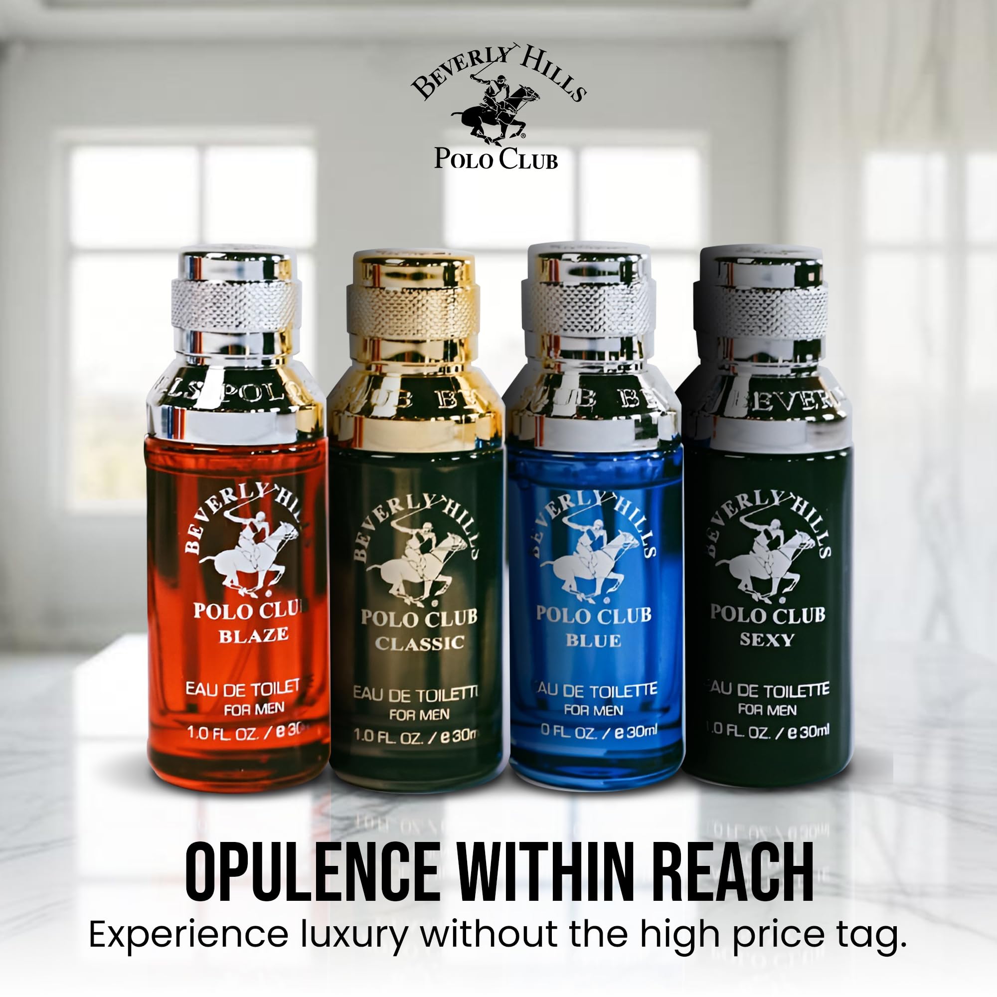 Beverly Hills Polo Club Men's Fragrance Collection - 4 Premium Eau de Toilette Colognes (1oz Each) - Diverse, Long-Lasting Scents: Blaze, Blue, Classic, Sexy - Ideal Gift Set for Him