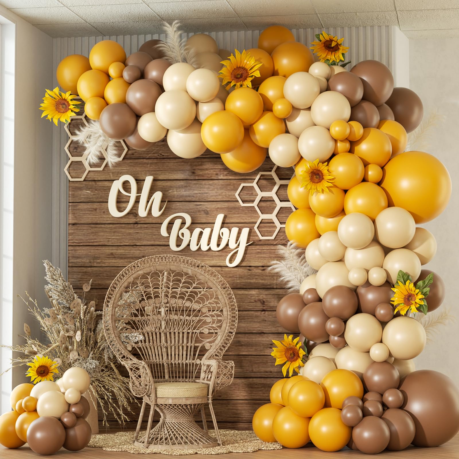 Photo 1 of 140pcs Bee Balloon Arch Garland Kit with Brown Mustard Yellow Sand White Balloons for Sunflower Bee Gender Reveal Birthday Baby Shower Decorations