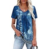 WEESO Womens T Shirts Short Sleeve Pleated Dressy Casual V Neck Summer Tops Blouses