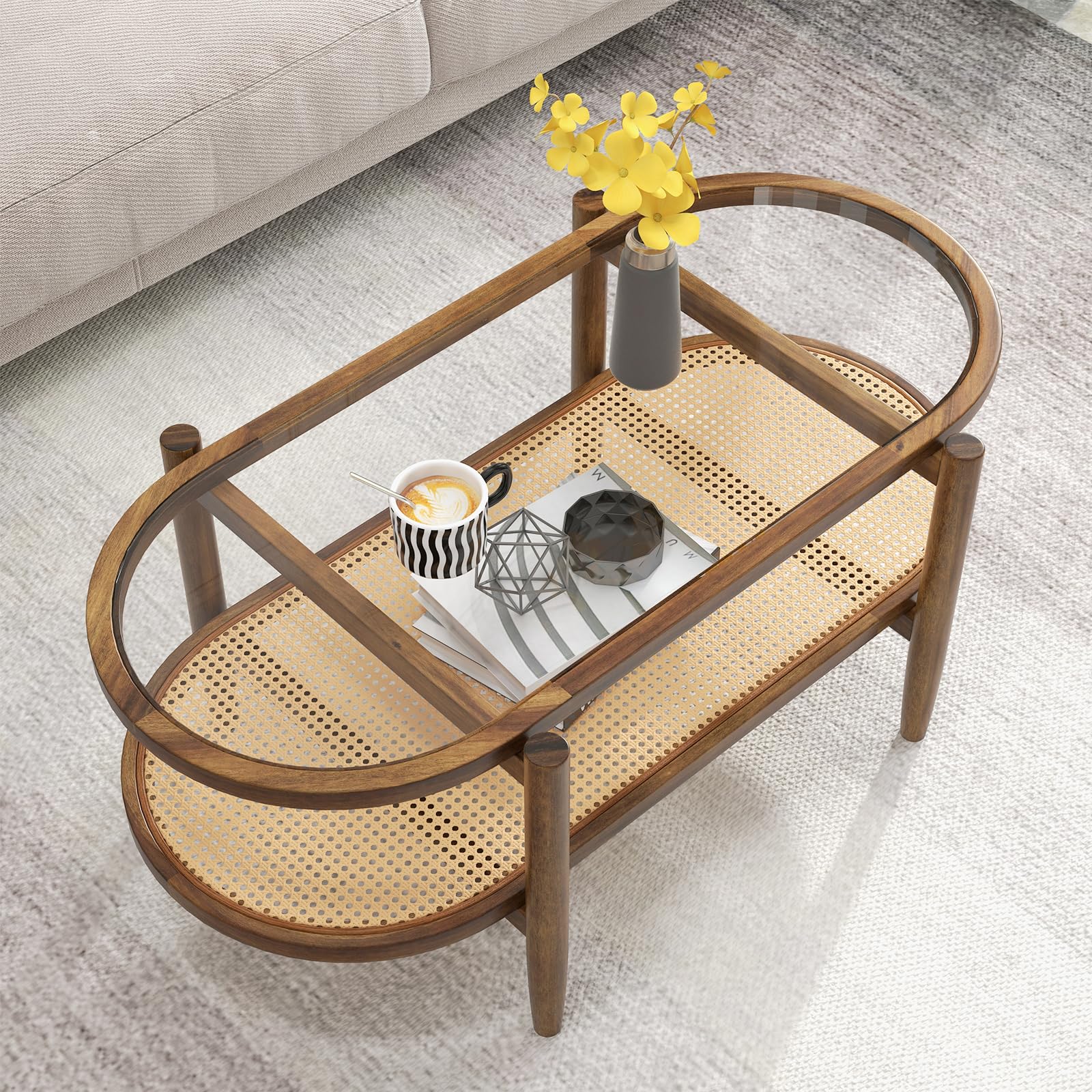 COSTWAY Couchtisch, Beistelltisch mit Glas Tischplatte & Rattan Ablage, Wohnzimmertisch mit Holzbeinen & Holzrahmen, Kaffeetisch für Wohnzimmer, Büro, 102 x 56 x 47 cm (Braun) 7