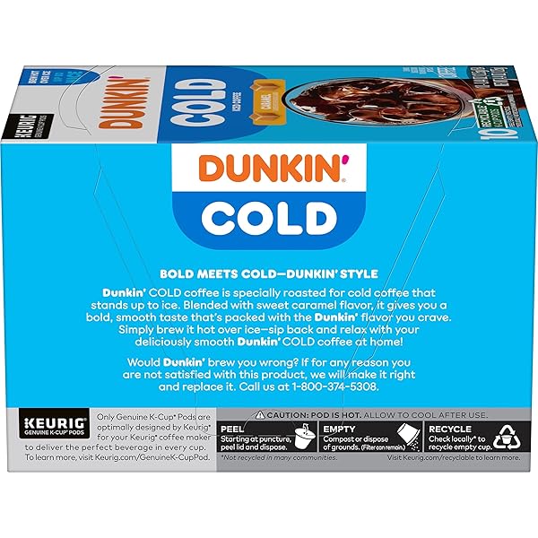 DUNKIN’ COLD ICED COFFEE, CARAMEL ARTIFICIALLY FLAVORED KEURIG K-CUP PODS, 10 COUNT BOX
