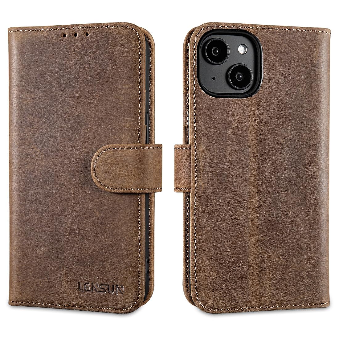 LENSUN Genuine Leather Case for iPhone 14, Leather Phone Case [Card Slot][Stand Function][RFID Protection] Genuine Leather Phone Case for iPhone 14 5G - Vintage Dark Brown