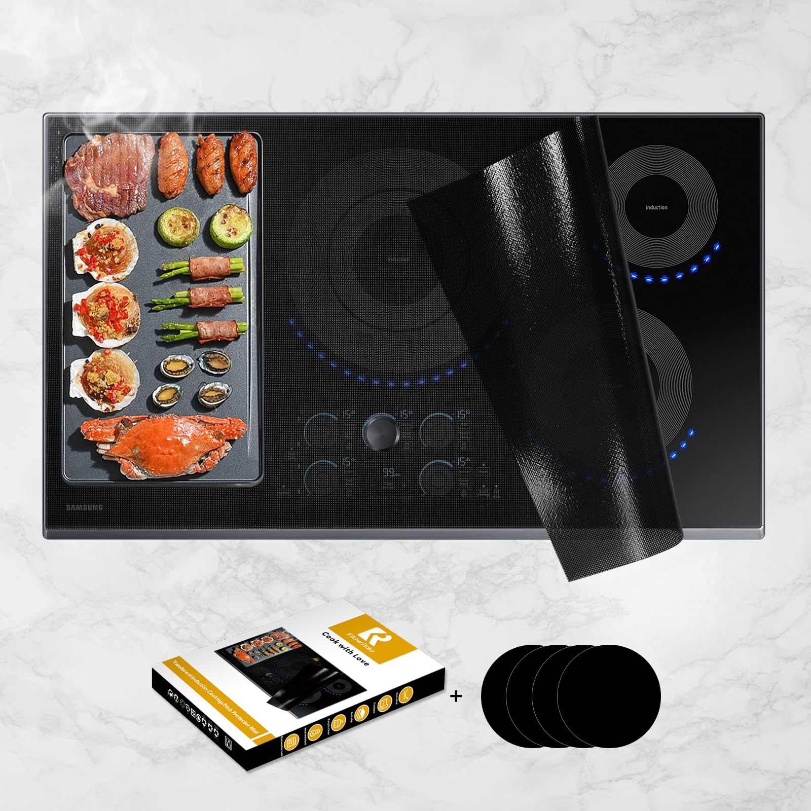 KitchenRaku Large Induction Cooktop Protector Mat, Translucent (Magnetic) Electric Stove Burner Covers Antiscratch as Glass Top Stove Cover or Electric Stove Top (Jet Black, 52x78CM)