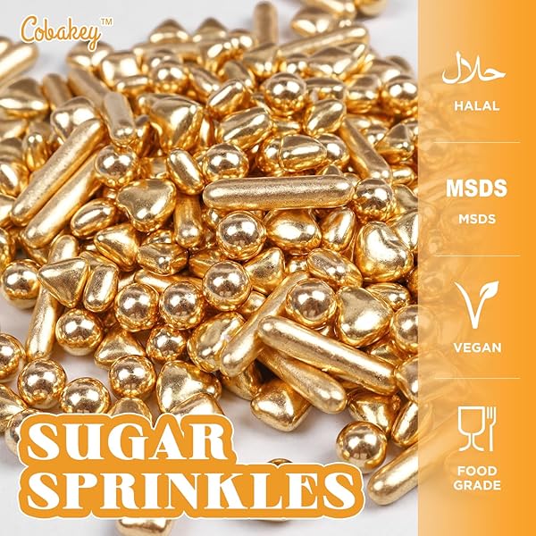 COBAKEY BRIGHT GOLD SPRINKLES FOR CAKE DECORATIONS 3.52 OUNCE GOLD PEARL SUGAR SPRINKLES FOR CUPCAKE TOPPERS WEDDING PARTY VALENTINES HALLOWEEN CHRISTMAS SUPPLIES
