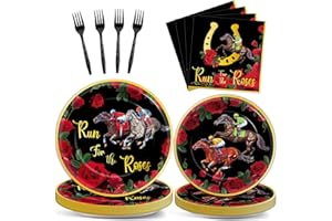 OBUSATT 96PCS Run for The Roses Party Supplies Horse Racing Tableware Set Disposable Plates Napkins Forks Derby Party Favors Dinnerware Set for Horse Theme Party Birthday Party Decorations Serves 24 Guests