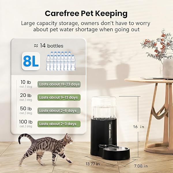 CZPET DOG WATER BOWL DISPENSER, 8L AUTOMATIC DOG AND CAT WATER DISPENSER WITH STAINLESS STEEL BOWL, GRAVITY WATERER, LARGE CAPACITY, AND QUIET DRINKING AREA FOR PETS (8L,BLACK)