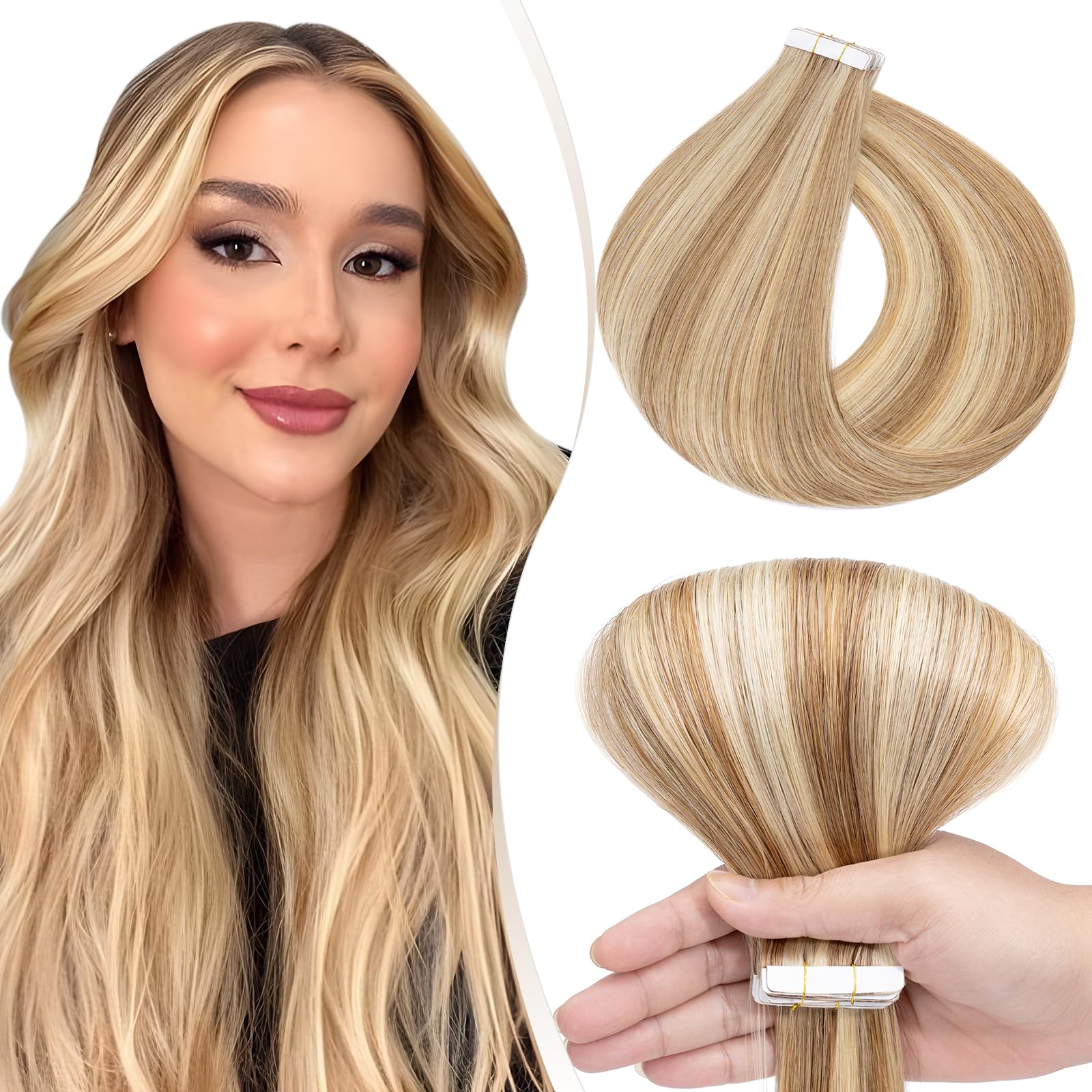 Elailite Tape in Hair Extensions Human Hair Real Human Hair 10 Pcs Invisible Thin Type - Seamless Skin Weft Remy Hair Extension (#12/613 Golden Brown Mix Bleach Blonde, 18 Inch-15g) — image 1