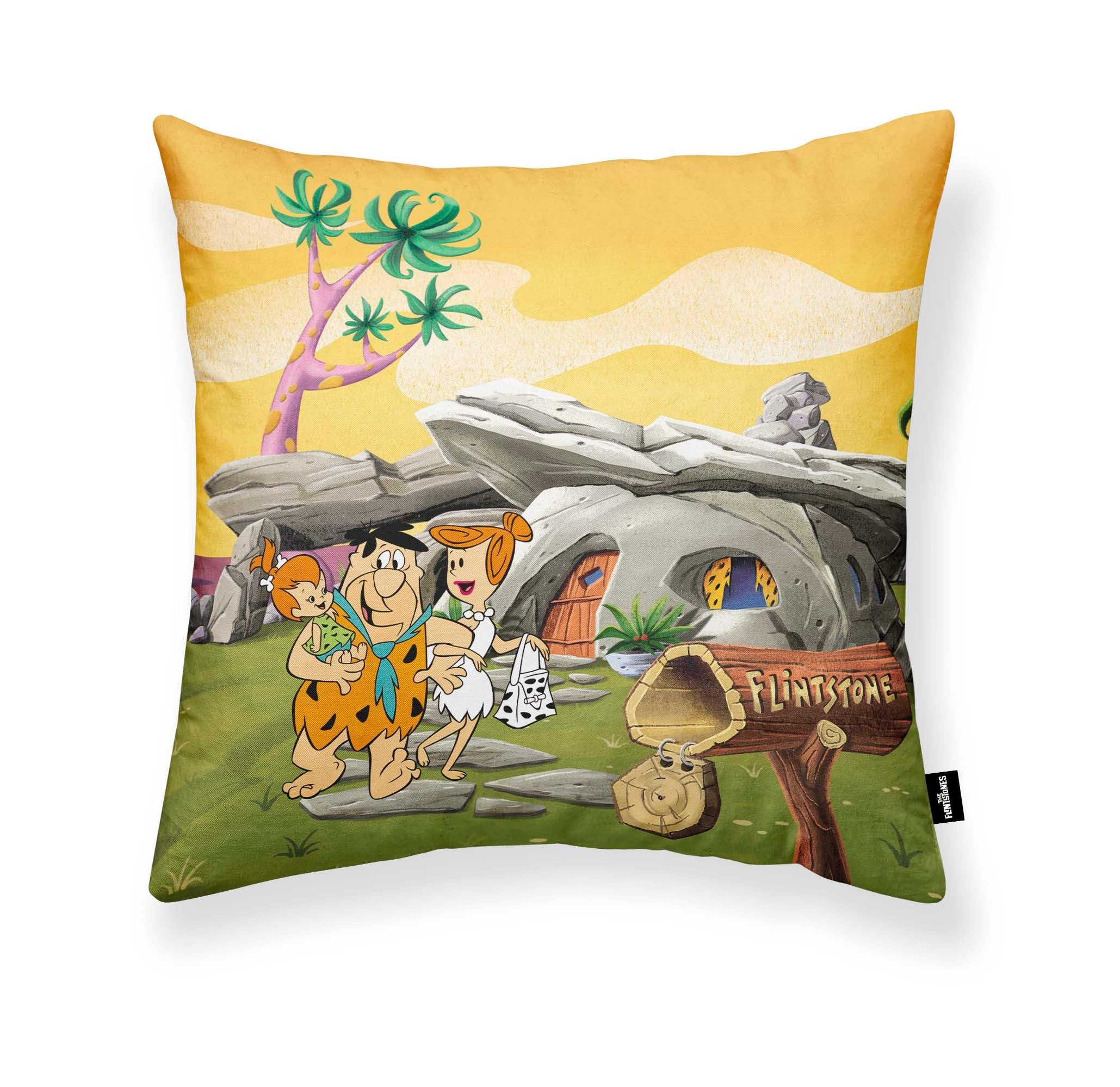 BELUM | 100% Cotton Cushion Cover 45x45 cm Model Family Flintstone A | Cushion Cover The Flintstones | Cushion Cover Half Panama Fabric 100% Organic Cotton