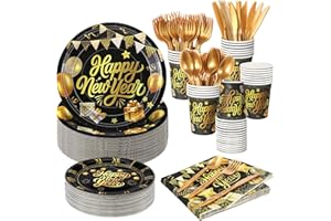 Zhehao 350 Pcs Happy New Year Party Supplies Tableware 2026 New Years Eve Dinnerware Set for 50 Guests Disposable Black Gold Paper Plates, Napkin, Cup, Knife, Fork and Spoon for Celebration (Balloon)