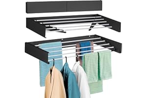 FOCHIER F Laundry Drying Rack Wall Mounted Clothes Drying Rack Collapsible with 5 Aluminum Rods and Drilling Template Long Screwdriver Bit 60 lbs Capacity (Black, 31.5")