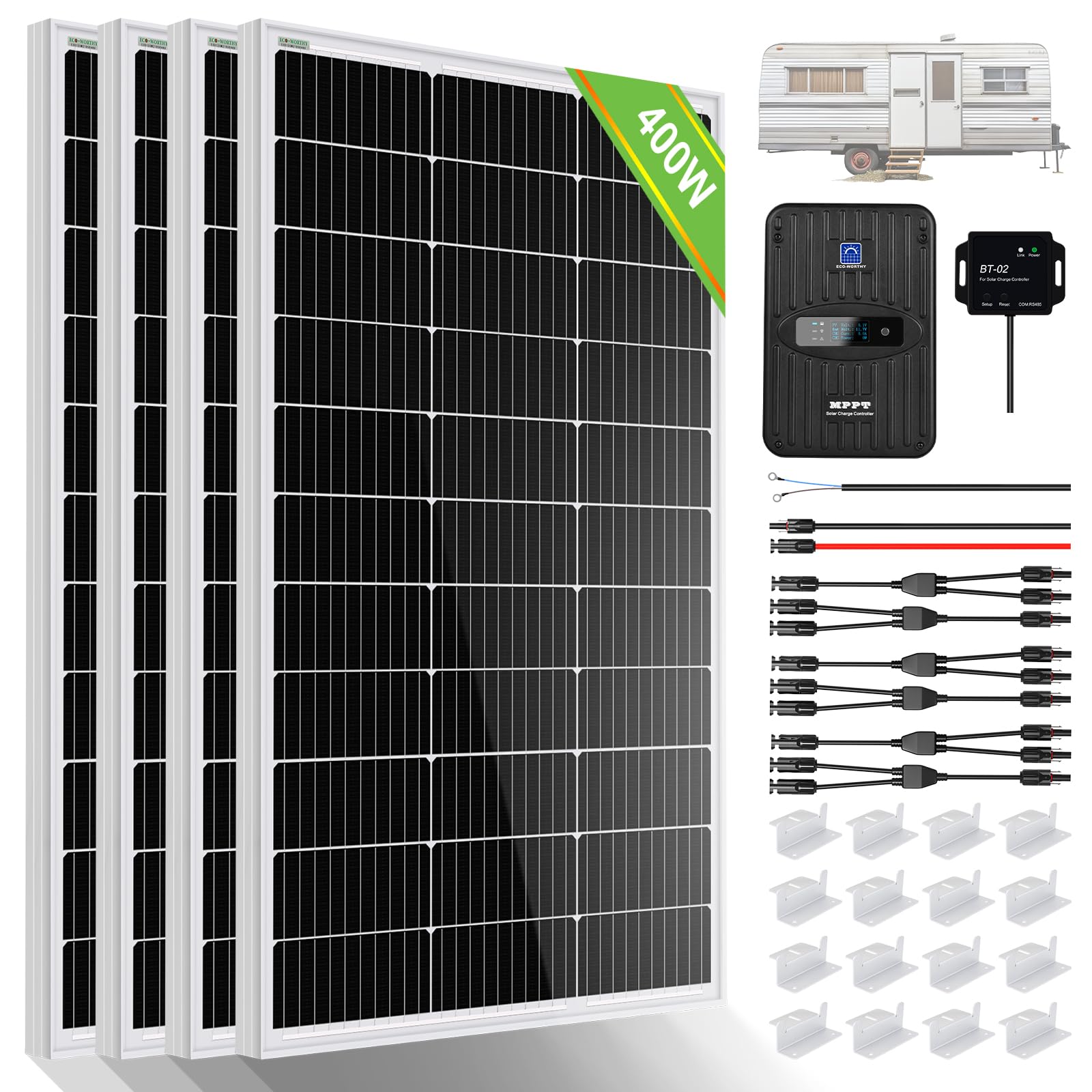 Photo 1 of ECO-WORTHY 400 Watt 12 Volt Premium Solar Panel Kit :4pcs 100W Solar Panel+ 40A MPPT Charge Controller+ Bluetooth Module+ Mounting Z Brackets, 400W 12V Solar Power Off Grid System for Home, RV, Boat.