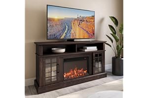 BELLEZE Traditional 58" Rustic TV Stand with 23" Electric Fireplace Heater with Sound, Media Entertainment Center Console Table for TV up to 65" with Open Storage Shelves and Cabinets - Espresso
