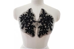 JINMOMOMO 2Pcs Embroidered Beads 3D Flower Applique Lace Fabric Collar Patches Sew Patch Wedding Bridal Gown Clothes Dress Decor DIY Crafts (Black)