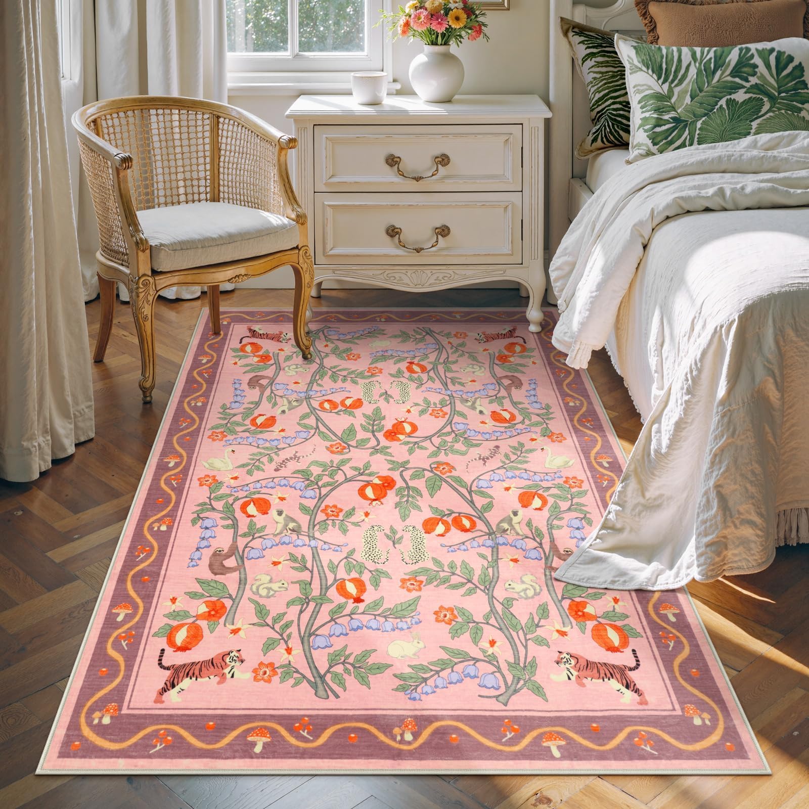 Photo 1 of OJIA Animal Print Washable Rugs 5x7 Nursery Rug, Soft Pink Playroom Rug Non-Slip Boho Area Rug, Ultra-Thin Modern Floral Living Room Carpet for Bedroom Kids Room Classroom Office