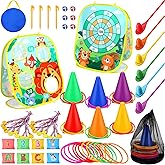 Yunsailing 63 Pcs Carnival Outdoor Games Set for Kids Include Animal Bean Bag Toss Plastic Cones Bean Bags Ring Toss Egg and Spoon Race, Field Yard Lawn Outdoor Game, Gift for Birthday Party