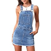 ELLEVEN Denim Overalls Mini Dress for Women, High Stretchy Adjustable Strap Jean Rompers with Pockets