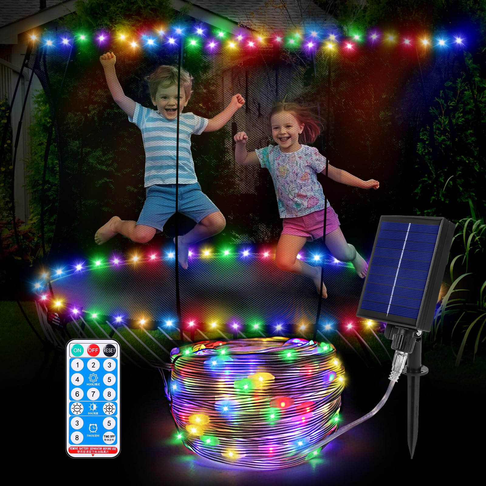 Photo 1 of Solar Trampoline Rope Lights, for 14 12 10 8FT Trampoline, 150 LEDs Trampoline Accessories for Tree Garden Backyard with Charging Port, 8 Color Modes String Decor Lights for Outdoor Camping Patio