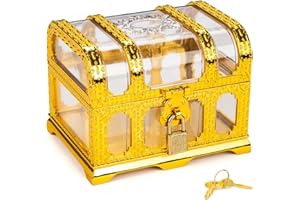Pemalin Treasure Chest with Lock and Key,Pirate Theme Party Favors for Kids,Transparent Golden Pirate Chest