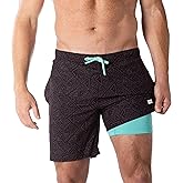 Third Wave Swim Trunks with Compression Liner - Men's Premium 7 Inch Inseam Quick Dry Swim Shorts for Beach and Swimming