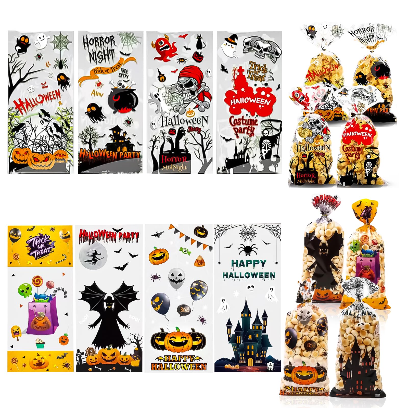 PMELCXD Party Bags，Candy Treat Bags – Halloween Paper Bags, Great for Party Favors, 120-Pack, Comes with 64 Halloween Party Favor Stickers, Party Decorations