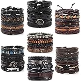 FIRAZIO 42Pcs Braided Leather Bracelets for Men Women Wrap Wood Beads Cuff Bracelet Hemp Cords Ethnic Tribal Handmade Wrap Wristband Bracelets Set Adjustable