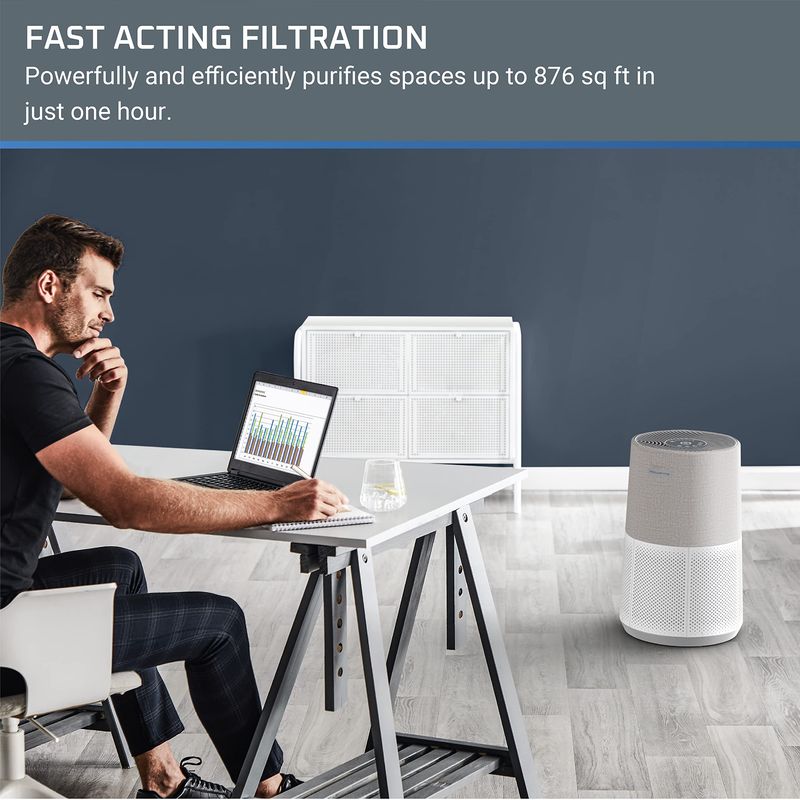 Rowenta Pure Air City Air Purifier 876 Square Foot Room Dust Pet Dander Smoke Mold Pollen Bacteria Virus Allergen, Odor Removal, for Home Office Nursery, HEPA Filter PU2840