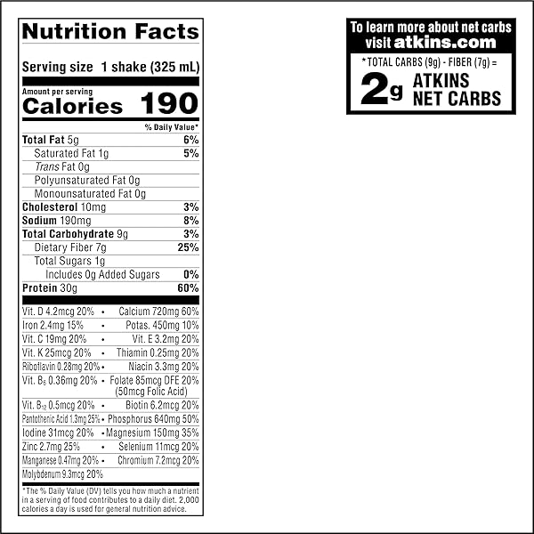 ATKINS CREAMY MILK CHOCOLATE PLUS PROTEIN SHAKE, 30G PROTEIN, 7G FIBER, 2G NET CARB, 1G SUGAR, KETO FRIENDLY, LOW CARB, HIGH PROTEIN DRINK, 12 COUNT