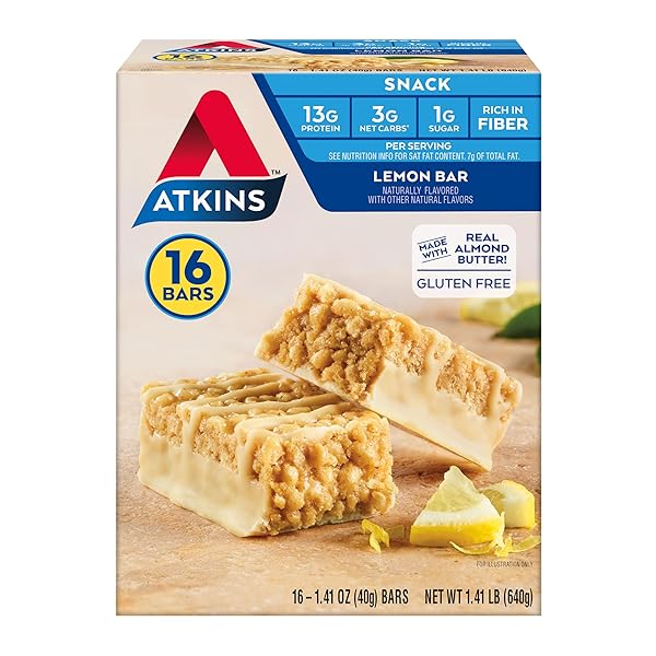 ATKINS LEMON FLAVORED SNACK BAR, HIGH PROTEIN BAR, LOW SUGAR AND LOW CARB, KETO FRIENDLY SNACK, GLUTEN FREE, HIGH IN FIBER, MADE WITH REAL ALMOND BUTTER, 16 COUNT