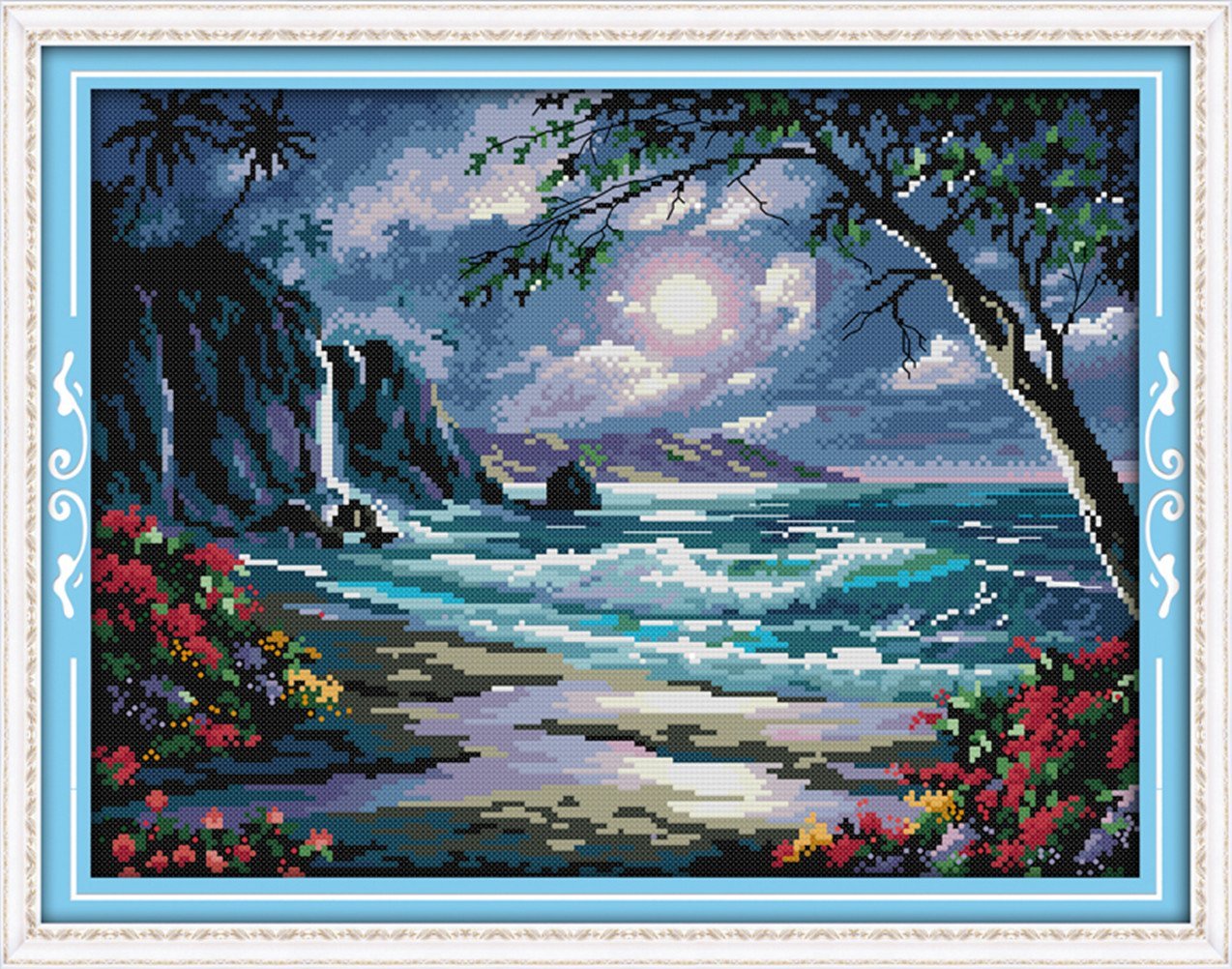 YEESAM ART Unstamped Cross Stitch Kits for Adults, Seaside Moon Sea 14ct Counted Unprinted Embroidery Kit Needlework Wall Art Decor