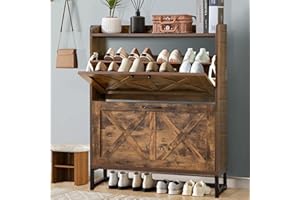 Kasunpul Shoe Cabinet with 2 Flip Drawers Farmhouse Freestanding Shoe Storage Cabinet for Entryway, Hidden Shoes Rack Cabinets for Entryway with Metal Legs, Rustic Brown