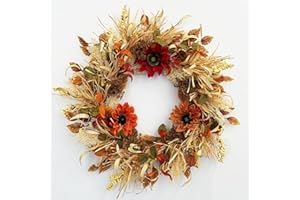 TOKCARE Fall Wreaths for Front Door, 24 inch Autumn Wreath with Sunflowers, Raffia, Berries & Wheat - Rustic Farmhouse Thanksgiving Door Decor for Porch, Mantel, Wall, Indoor Outdoor Use