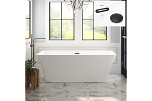 FerdY Sentosa 67" Acrylic Freestanding Bathtub, Contemporary Design Soaking Tub with Matte Black Drain and Matte Black Overflow, Easy to Install