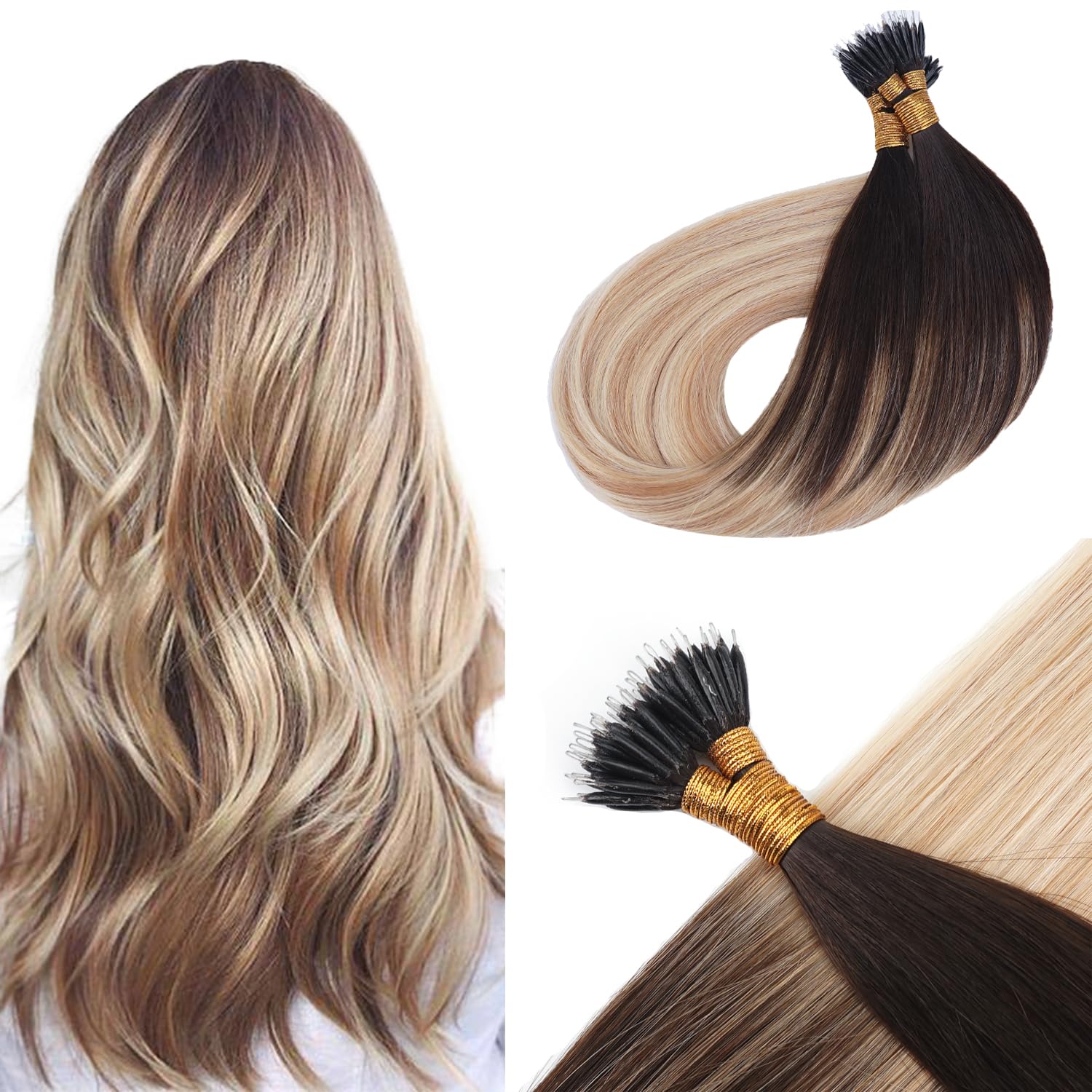 KOCONI 22 Inch Nano Ring Hair Extensions - Real Human Hair, Dark Brown Ombre to Caramel Blonde With Platinum Blonde Balayage, 1g/S Nano Tip, 50g 2/27/613 — image 1