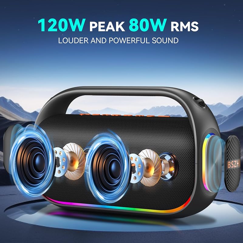 Coluna Bluetooth de 80W (120W de pico), potente, portátil, IPX6 à prova de água, sem fios, TWS, ao ar livre, para festas, viagens e campismo na praia, com luz, BT5.0, cartão USB/TF, AUX.