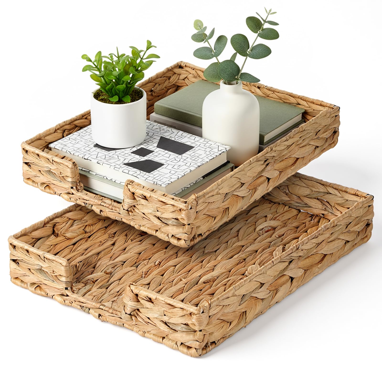 Photo 1 of 2 Pcs A4 File Tray, Water Hyacinth Desk Basket, Wicker Paper Tray File Baskets, Woven Letter Size Documents Trays, Magazine Files Storage Basket Organizer Bin for Office, Toilet, Desk