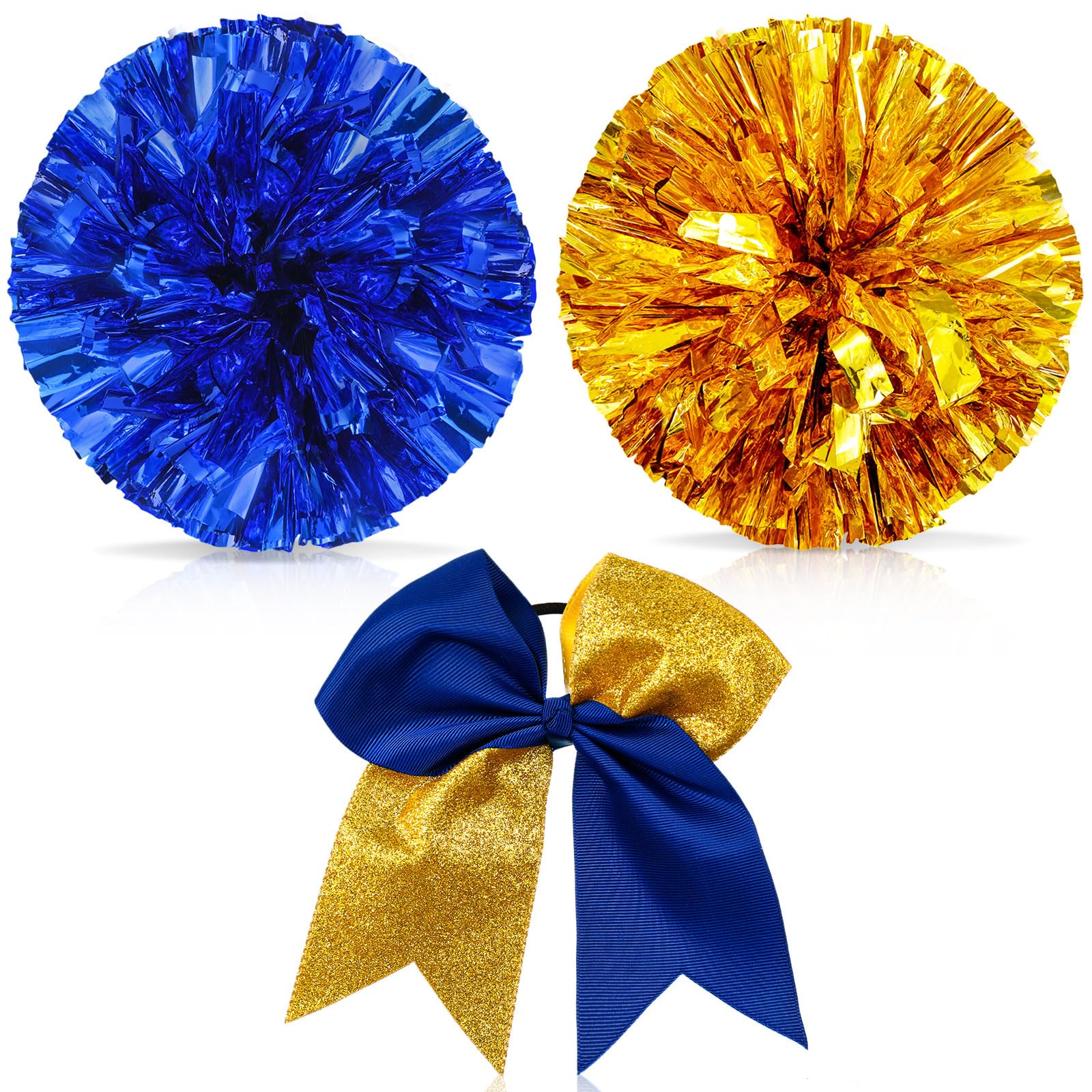 Photo 1 of Set of 3 12 Inch Cheerleading Pom Poms and Large Cheerleader Ponytail Bow Holder for Girl Large Metallic Cheerleader Pom Poms for Sports Team Cheering (Blue and Gold)