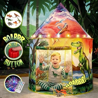W&O Dinosaur Discovery Kids Tent with Roar Button LED Lights Toy Dinosaurs