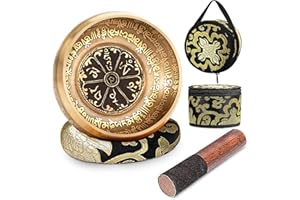 SHANSHUI 5'' Tibetan Singing Bowl Set, Nepal Antique Bronze Mantra Carving Hand Hammered, Sound For Yoga Chakras Healing Meditation Zen With Leather Striker Surface Mallet Silk Cushion Gift - Black